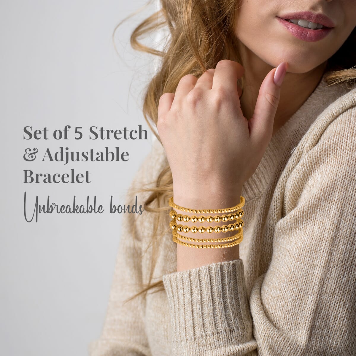 EverTrue Set of 5 Beaded Stretch Bracelet in ION Plated YG Stainless Steel, Adjustable Stackable Bracelet Set, Birthday Anniversary Gift image number 2