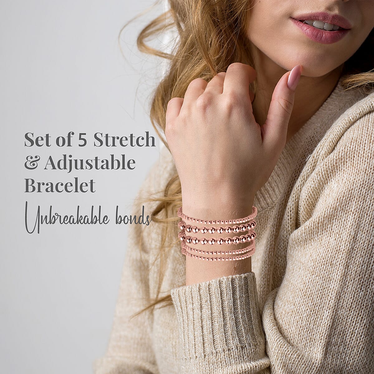 EverTrue Set of 5 Beaded Stretch Bracelet in ION Plated RG Stainless Steel image number 2