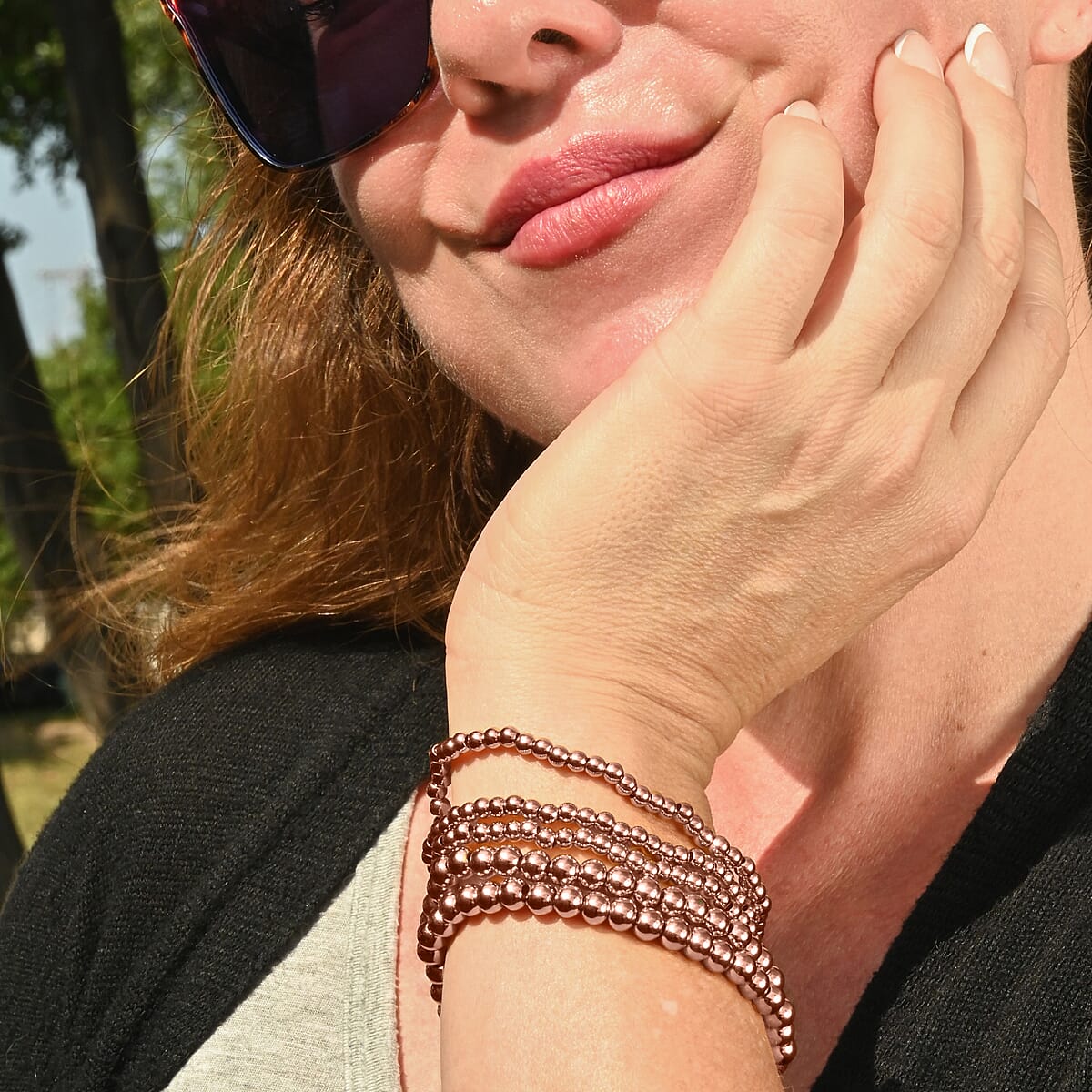 EverTrue Set of 5 Beaded Stretch Bracelet in ION Plated RG Stainless Steel image number 7