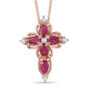 Premium Montepuez Ruby and White Zircon Cross Pendant Necklace 20 Inches in Vermeil Rose Gold Over Sterling Silver 1.25 ctw
