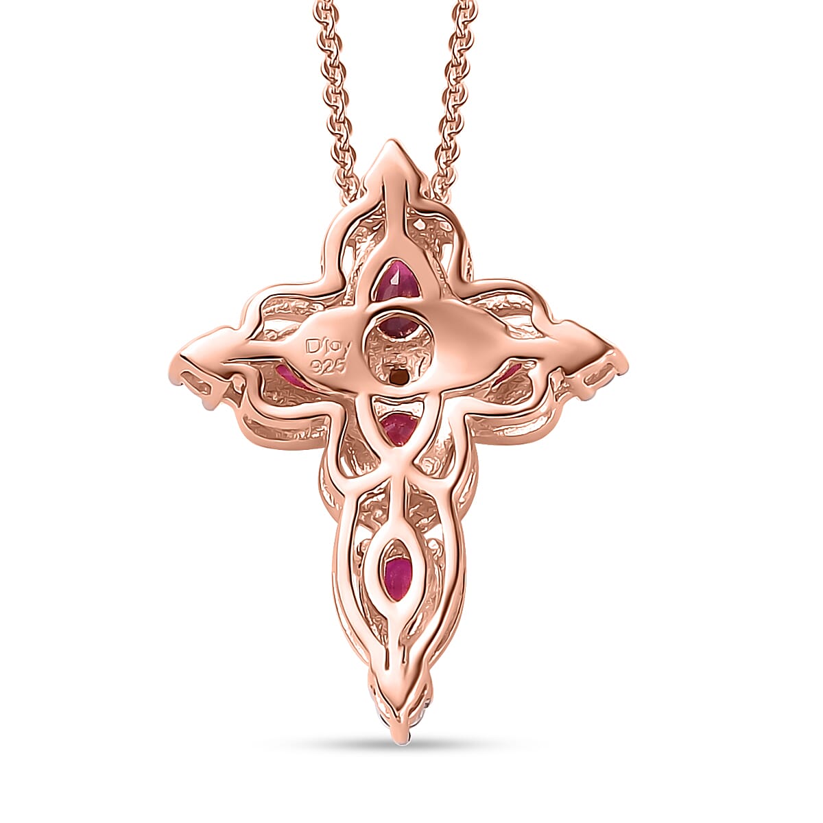 Premium Montepuez Ruby and White Zircon Cross Pendant Necklace 20 Inches in Vermeil Rose Gold Over Sterling Silver 1.25 ctw