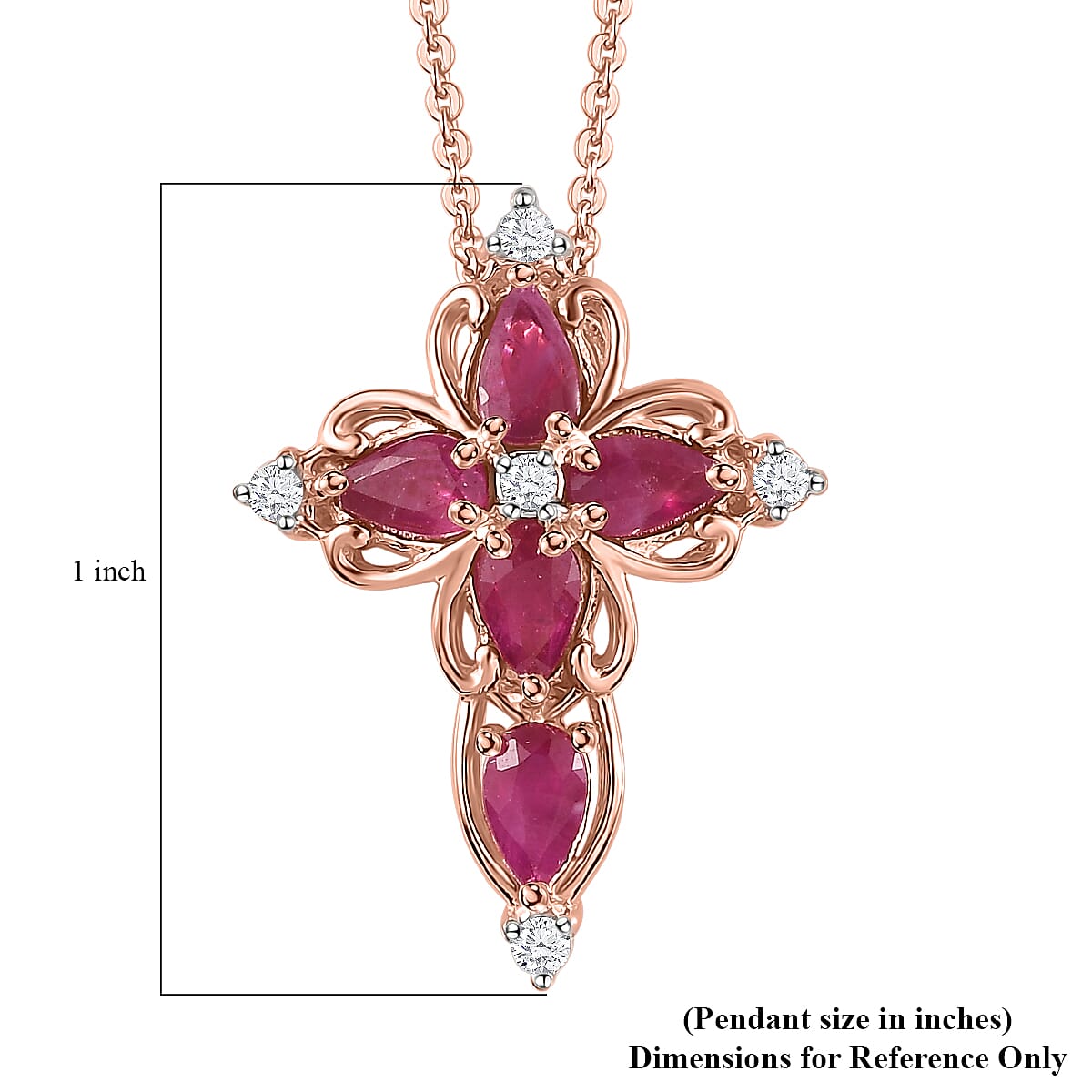Premium Montepuez Ruby and White Zircon Cross Pendant Necklace 20 Inches in Vermeil Rose Gold Over Sterling Silver 1.25 ctw
