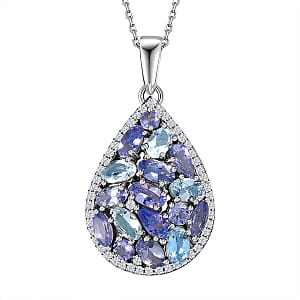 Tanzanite and Multi Gemstone Cocktail Pendant Necklace 20 Inches in Platinum Over Sterling Silver 3.90 ctw