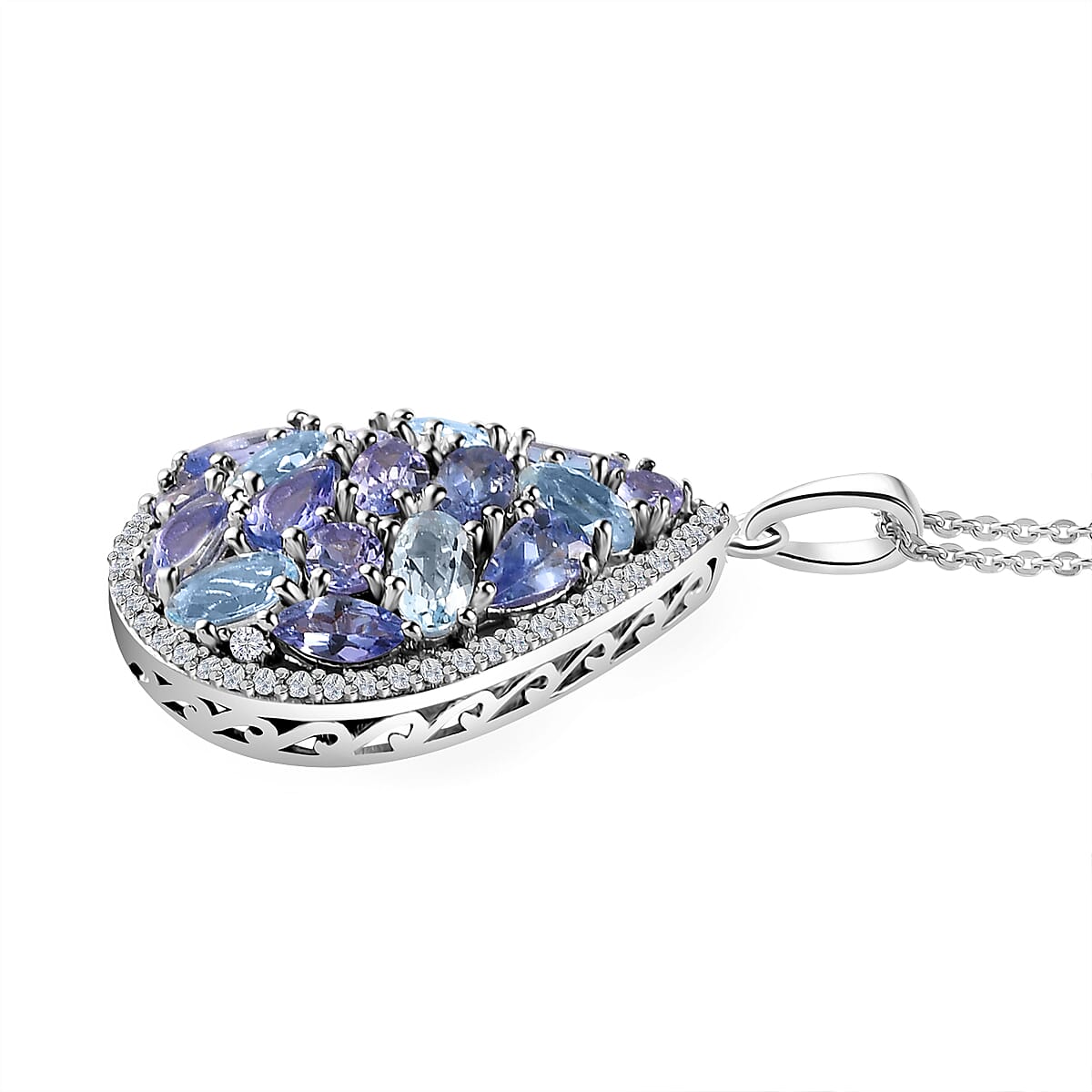 Tanzanite and Multi Gemstone Cocktail Pendant Necklace 20 Inches in Platinum Over Sterling Silver 3.90 ctw image number 3