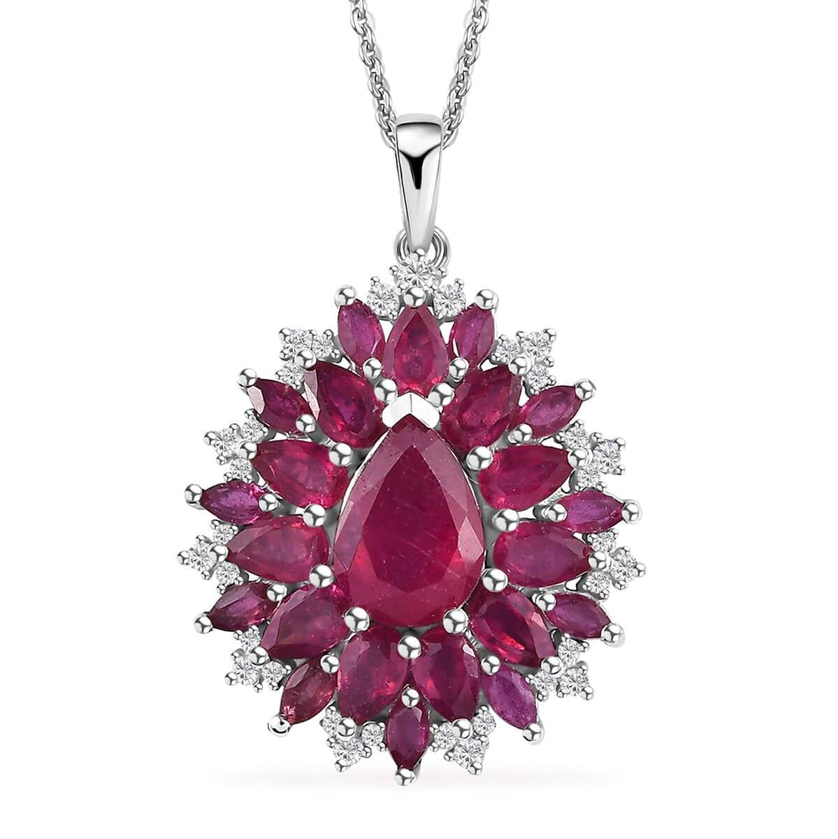Niassa Ruby (FF) and White Zircon Floral Pendant Necklace 20 Inches in Platinum Over Sterling Silver 7.60 ctw image number 0