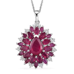 Niassa Ruby (FF) and White Zircon Floral Pendant Necklace 20 Inches in Platinum Over Sterling Silver 7.60 ctw