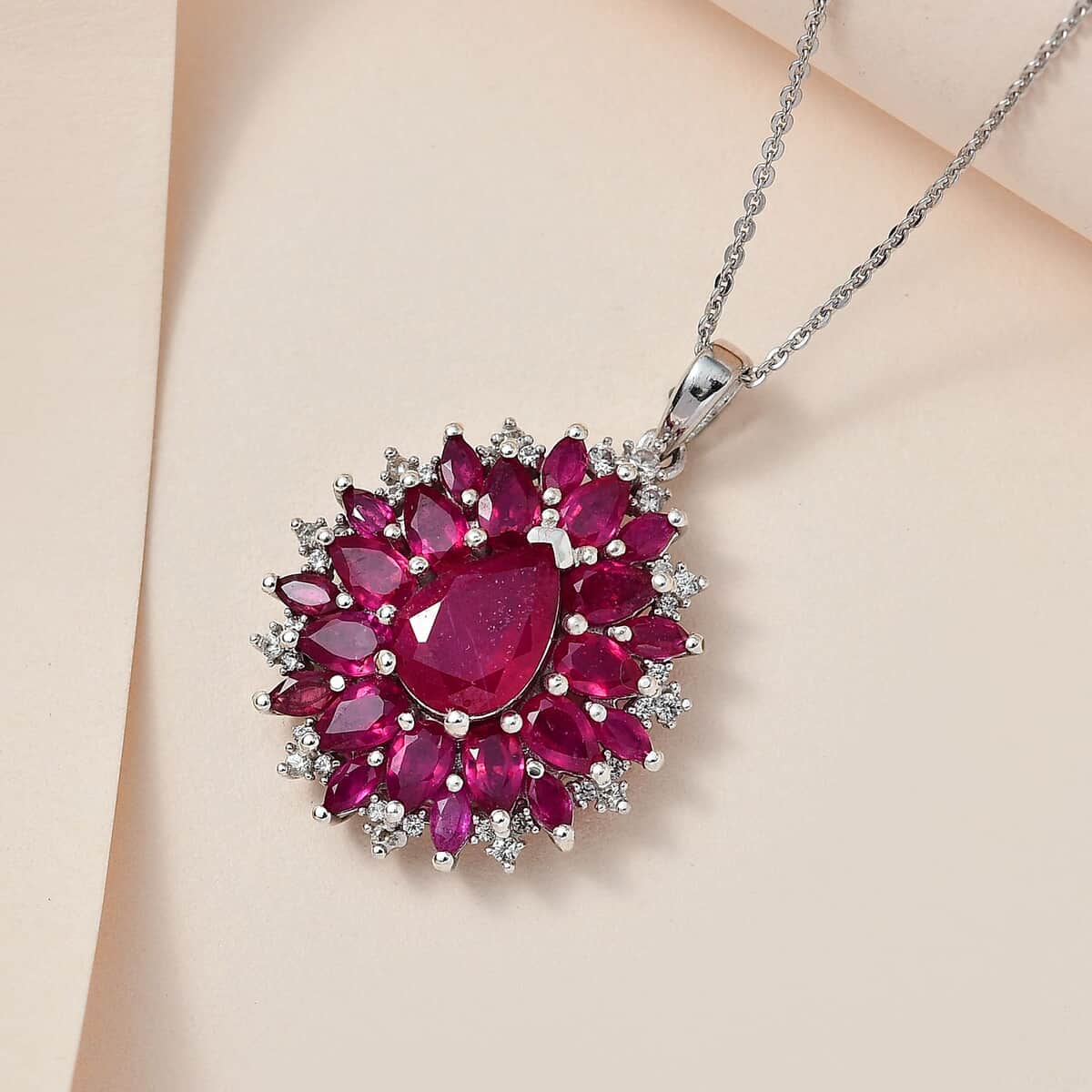 Niassa Ruby (FF) and White Zircon Floral Pendant Necklace 20 Inches in Platinum Over Sterling Silver 7.60 ctw image number 1