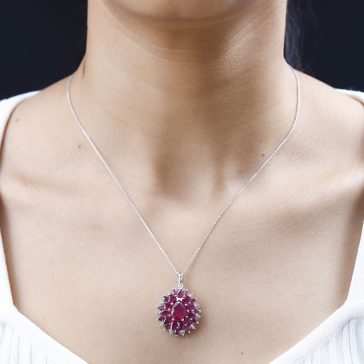 Niassa Ruby (FF) and White Zircon Floral Pendant Necklace 20 Inches in Platinum Over Sterling Silver 7.60 ctw image number 2