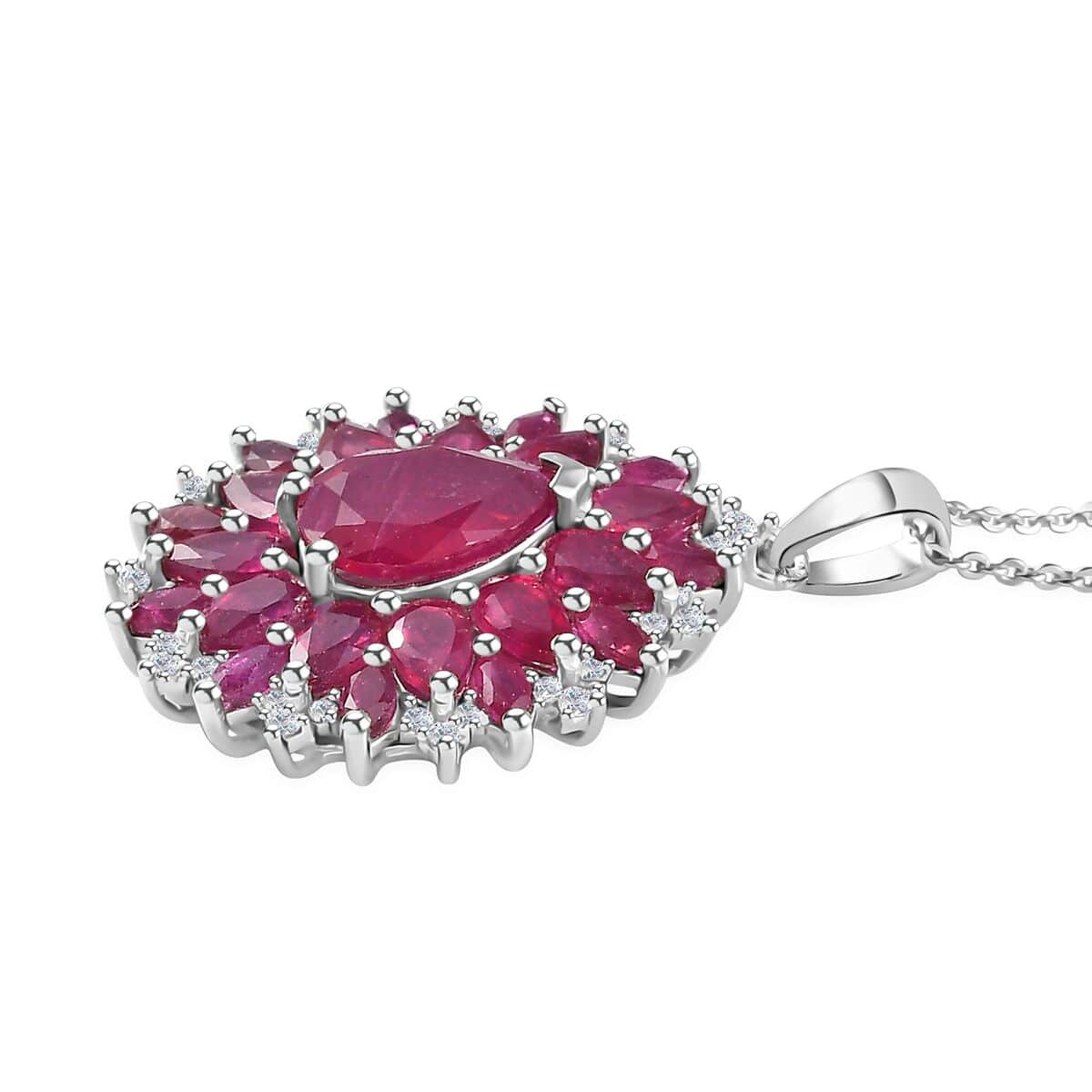 Niassa Ruby (FF) and White Zircon Floral Pendant Necklace 20 Inches in Platinum Over Sterling Silver 7.60 ctw image number 3