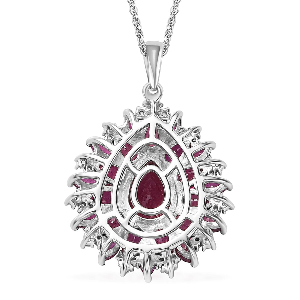 Niassa Ruby (FF) and White Zircon Floral Pendant Necklace 20 Inches in Platinum Over Sterling Silver 7.60 ctw