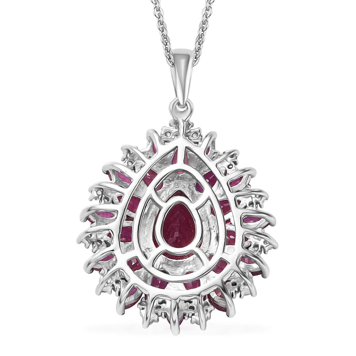 Niassa Ruby (FF) and White Zircon Floral Pendant Necklace 20 Inches in Platinum Over Sterling Silver 7.60 ctw image number 4