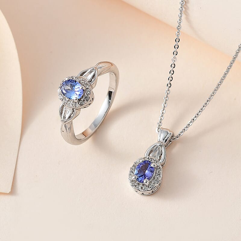 Tanzanite and White Zircon Halo Ring (Size 10.0) and Pendant Necklace 20 Inches in Platinum Over Sterling Silver 1.75 ctw