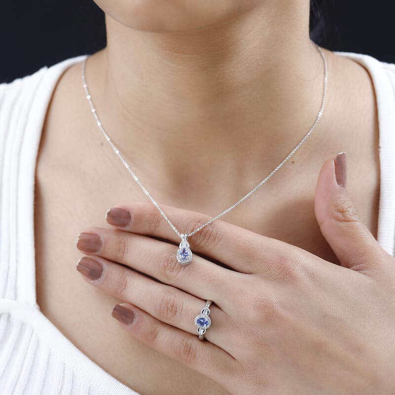 Tanzanite and White Zircon Halo Ring (Size 10.0) and Pendant Necklace 20 Inches in Platinum Over Sterling Silver 1.75 ctw