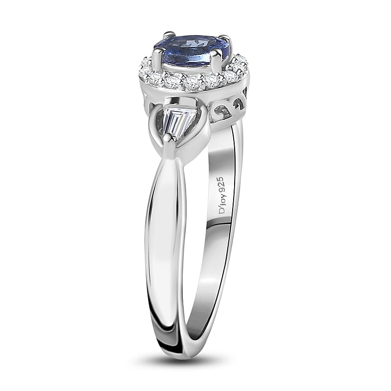 Tanzanite and White Zircon Halo Ring (Size 10.0) and Pendant Necklace 20 Inches in Platinum Over Sterling Silver 1.75 ctw