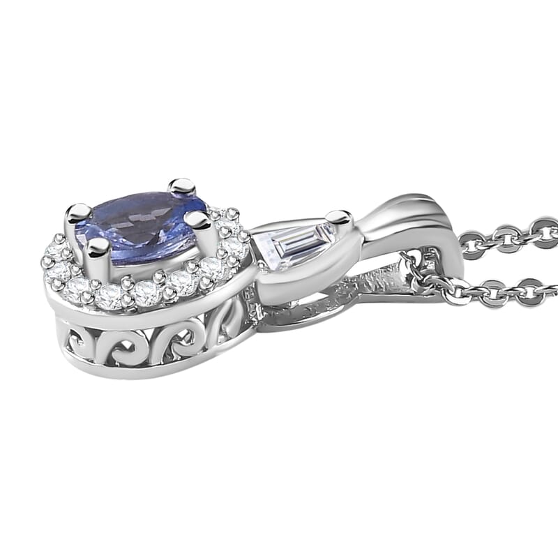 Tanzanite and White Zircon Halo Ring (Size 10.0) and Pendant Necklace 20 Inches in Platinum Over Sterling Silver 1.75 ctw
