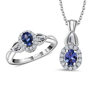 Tanzanite and White Zircon Halo Ring (Size 9.0) and Pendant Necklace 20 Inches in Platinum Over Sterling Silver 1.75 ctw