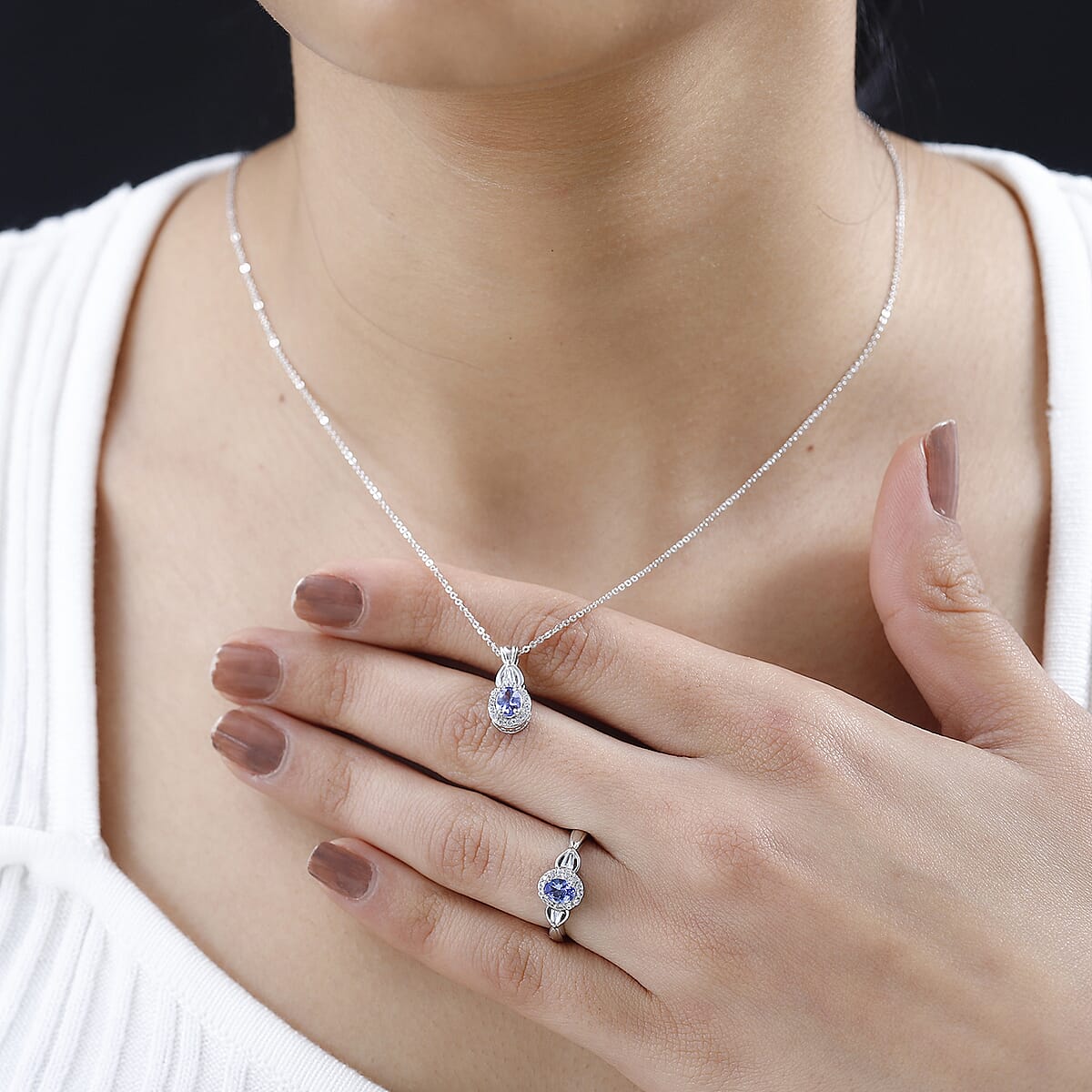 Tanzanite and White Zircon Halo Ring (Size 9.0) and Pendant Necklace 20 Inches in Platinum Over Sterling Silver 1.75 ctw image number 2