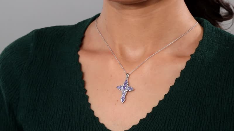 Tanzanite and White Zircon Cross Pendant Necklace 20 Inches in Platinum Over Sterling Silver 2.00 ctw