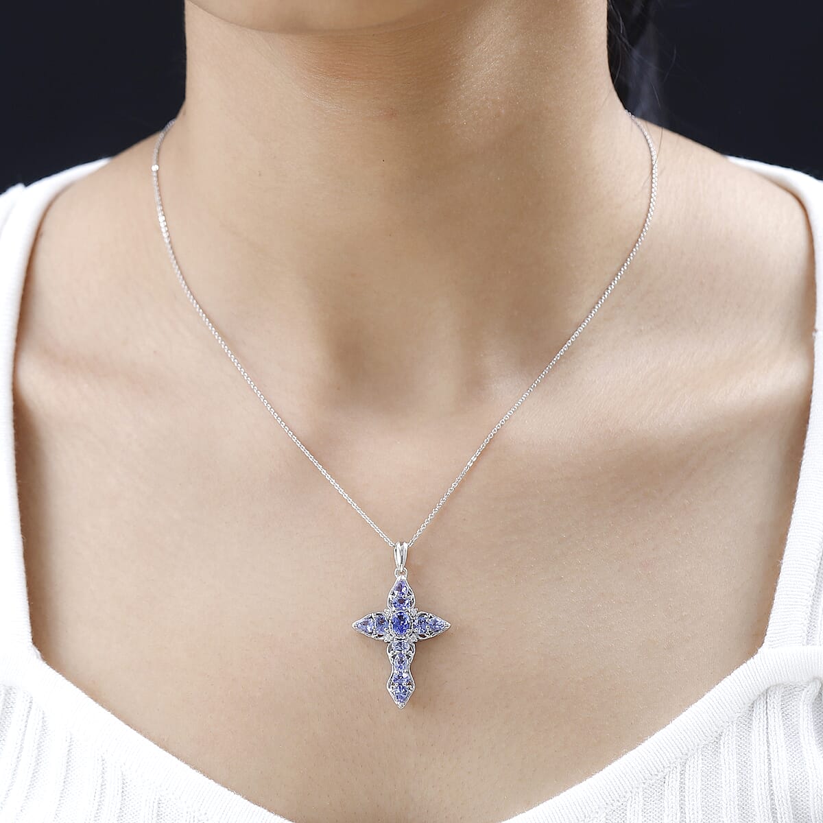 Tanzanite and White Zircon Cross Pendant Necklace 20 Inches in Platinum Over Sterling Silver 2.00 ctw image number 2