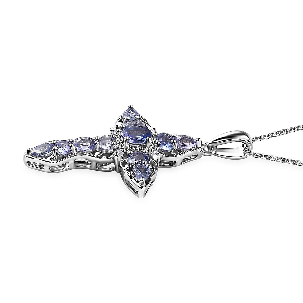 Tanzanite and White Zircon Cross Pendant Necklace 20 Inches in Platinum Over Sterling Silver 2.00 ctw image number 3