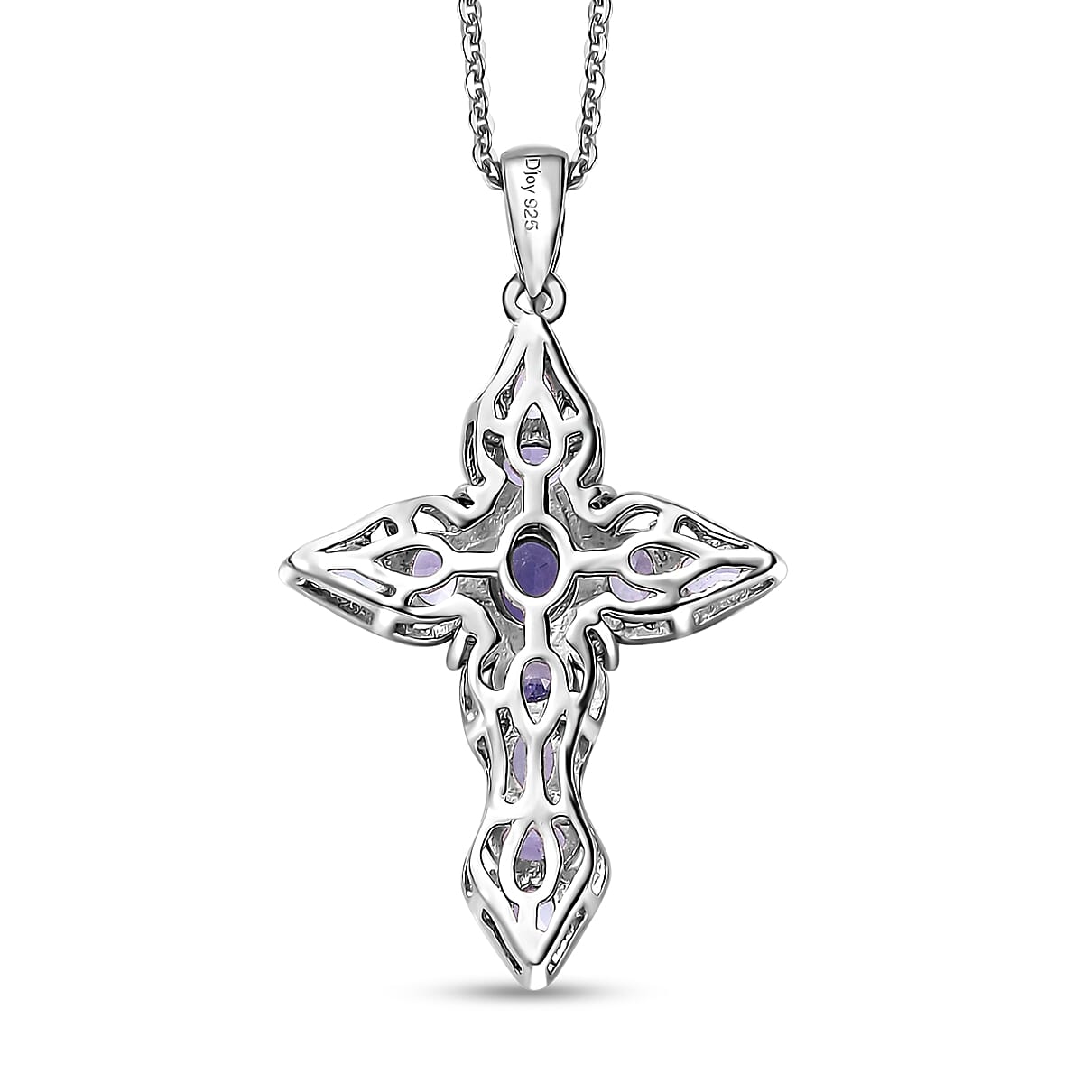 Tanzanite and White Zircon Cross Pendant Necklace 20 Inches in Platinum Over Sterling Silver 2.00 ctw image number 4