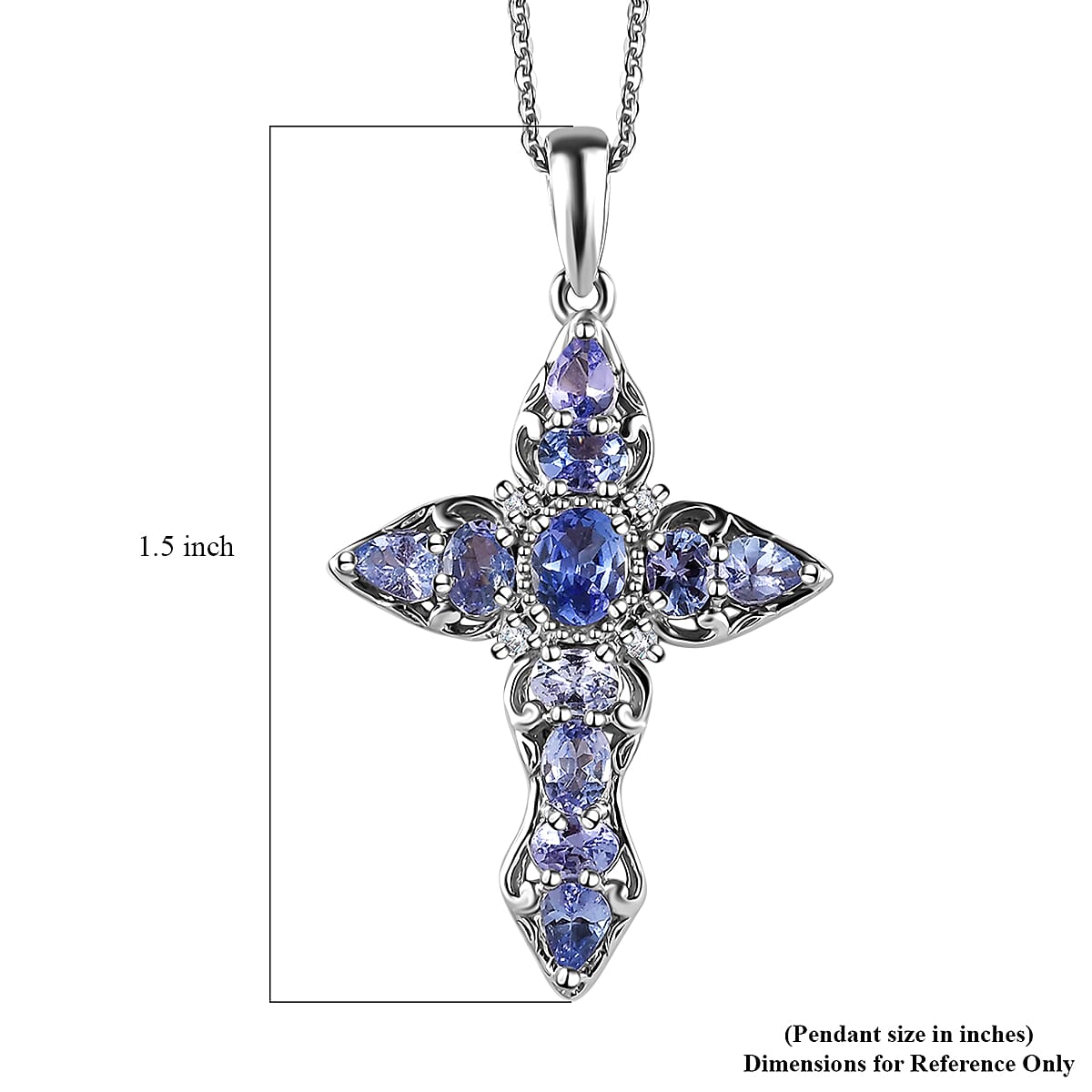 Tanzanite and White Zircon Cross Pendant Necklace 20 Inches in Platinum Over Sterling Silver 2.00 ctw image number 5