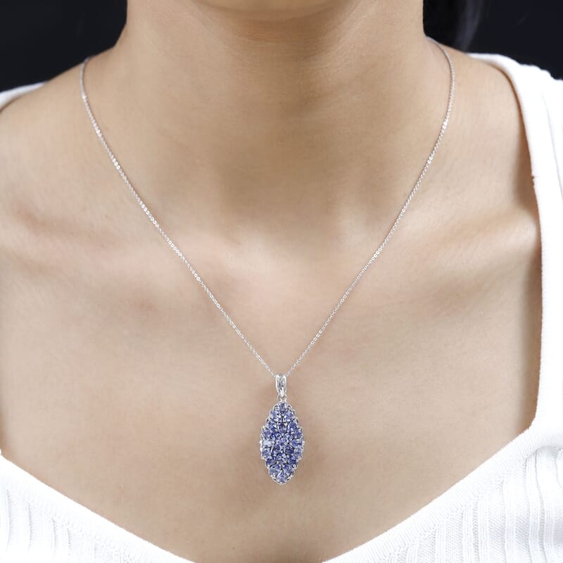 Tanzanite Elongated Pendant Necklace 20 Inches in Platinum Over Sterling Silver 3.00 ctw