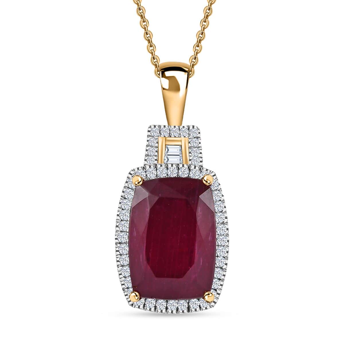 Niassa Ruby (FF) and White Zircon Halo Pendant Necklace 20 Inches in Vermeil Yellow Gold Over Sterling Silver 11.35 ctw (Del. in 8-10 Days) image number 0