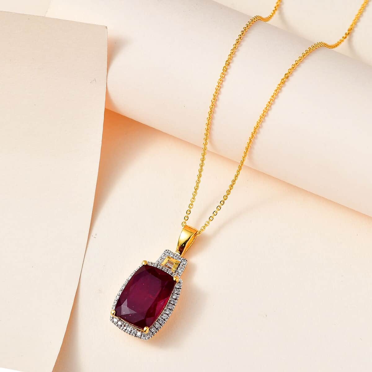 Niassa Ruby (FF) and White Zircon Halo Pendant Necklace 20 Inches in Vermeil Yellow Gold Over Sterling Silver 11.35 ctw (Del. in 8-10 Days) image number 1