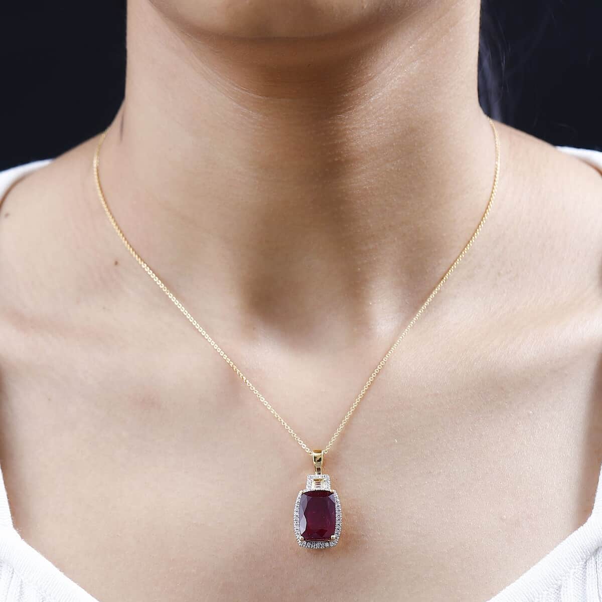 Niassa Ruby (FF) and White Zircon Halo Pendant Necklace 20 Inches in Vermeil Yellow Gold Over Sterling Silver 11.35 ctw (Del. in 8-10 Days) image number 2