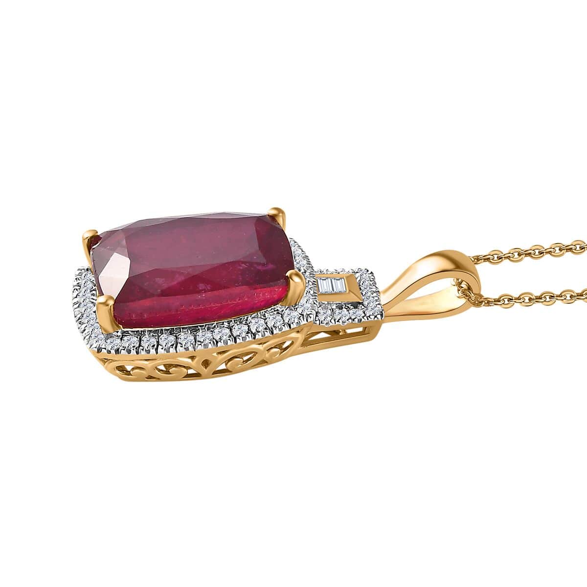 Niassa Ruby (FF) and White Zircon Halo Pendant Necklace 20 Inches in Vermeil Yellow Gold Over Sterling Silver 11.35 ctw (Del. in 8-10 Days) image number 3