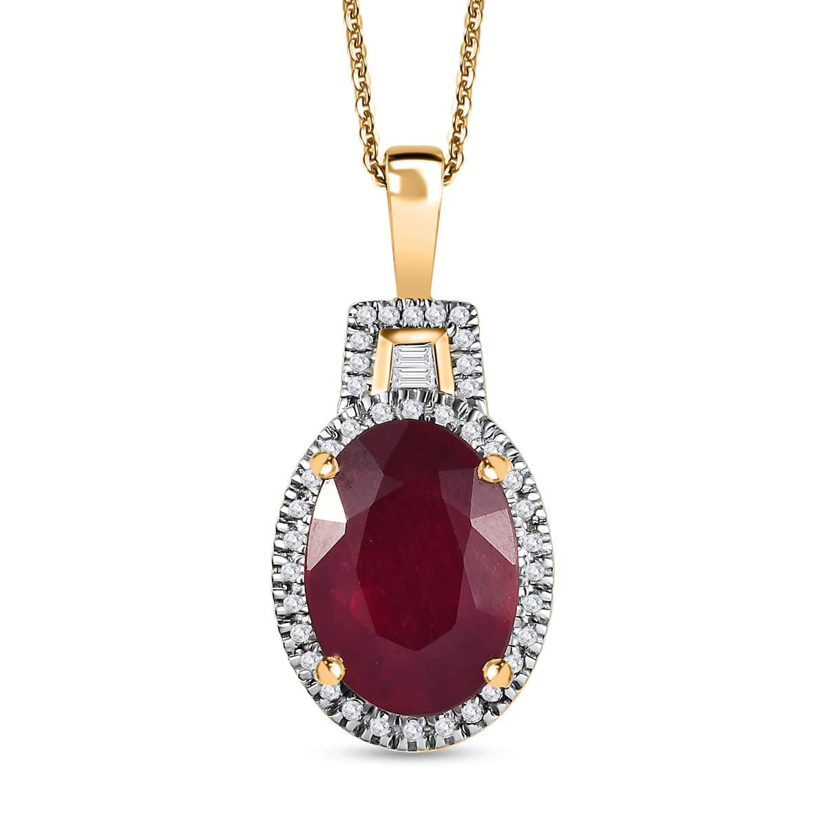 Niassa Ruby (FF) and White Zircon Halo Pendant Necklace 20 Inches in Vermeil Yellow Gold Over Sterling Silver 9.00 ctw image number 0