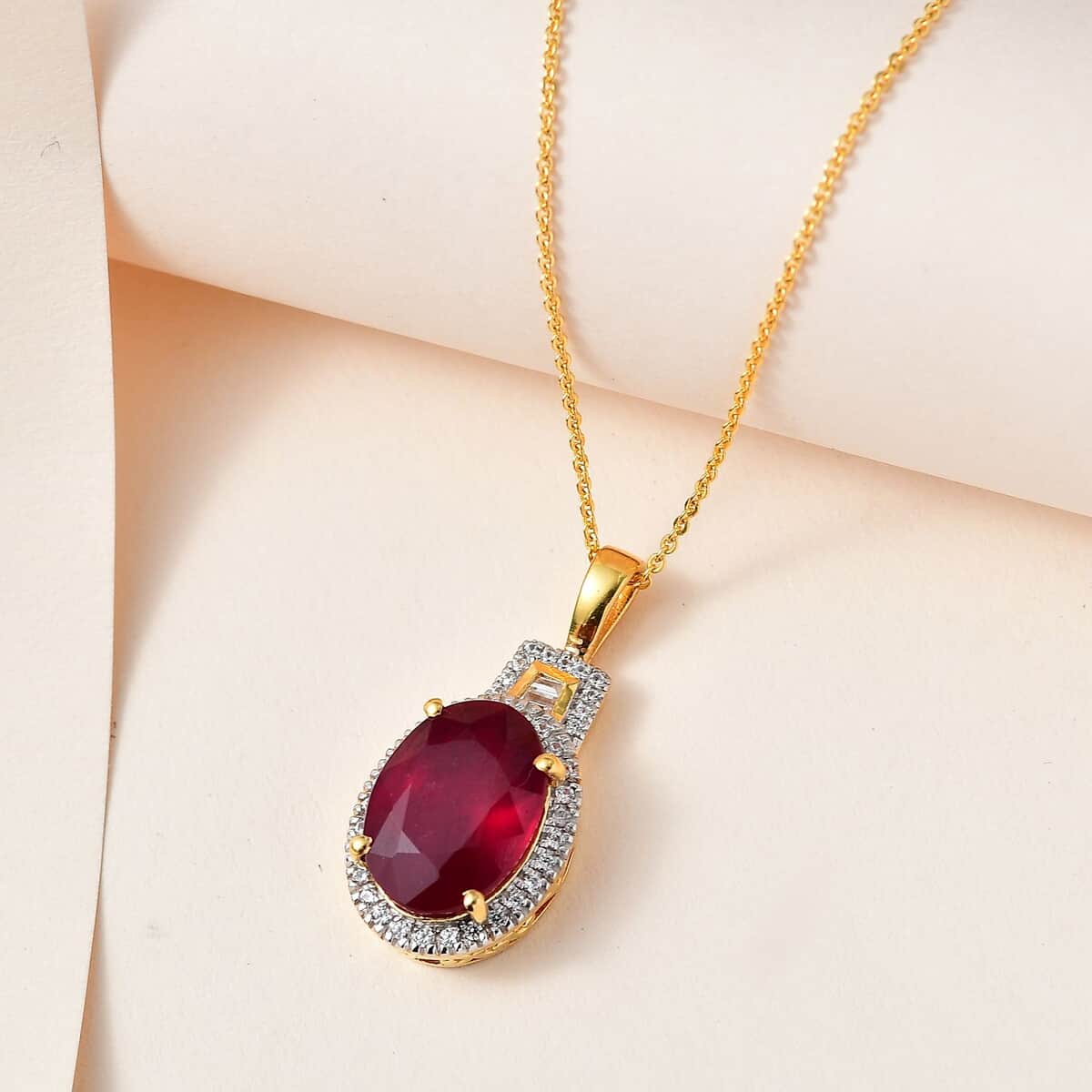 Niassa Ruby (FF) and White Zircon Halo Pendant Necklace 20 Inches in Vermeil Yellow Gold Over Sterling Silver 9.00 ctw image number 1