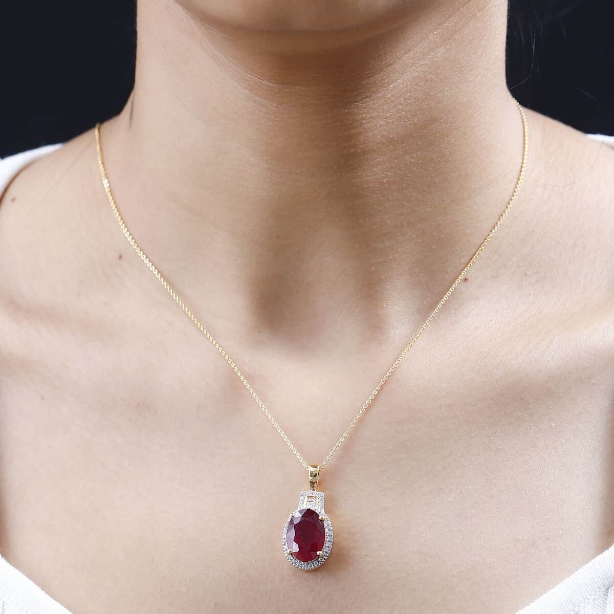 Niassa Ruby (FF) and White Zircon Halo Pendant Necklace 20 Inches in Vermeil Yellow Gold Over Sterling Silver 9.00 ctw image number 2