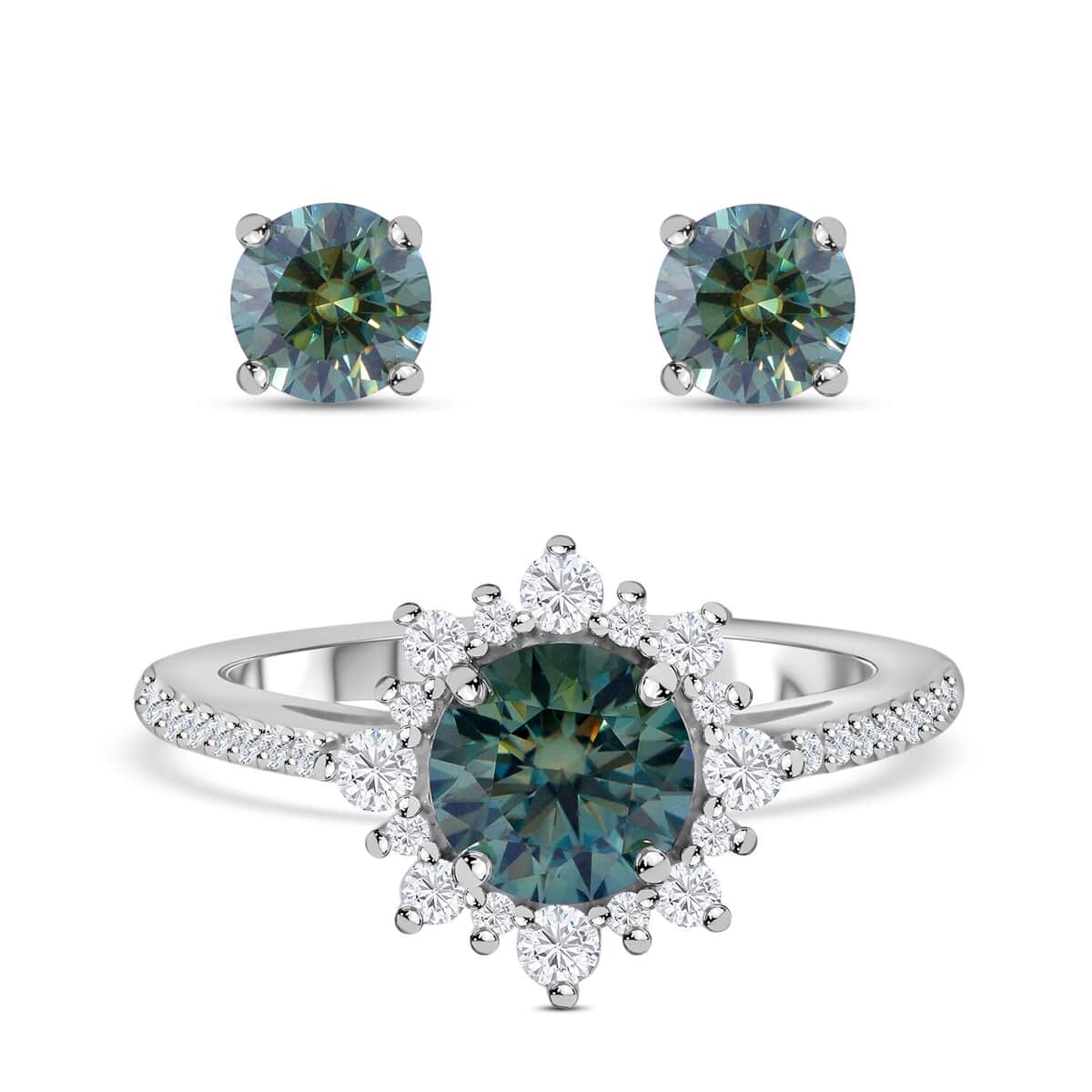 Blue Moissanite (Rnd 6.5mm), Moissanite Floral Ring (Size 5.0) and Stud Earrings in Platinum Over Sterling Silver 2.40 ctw image number 0