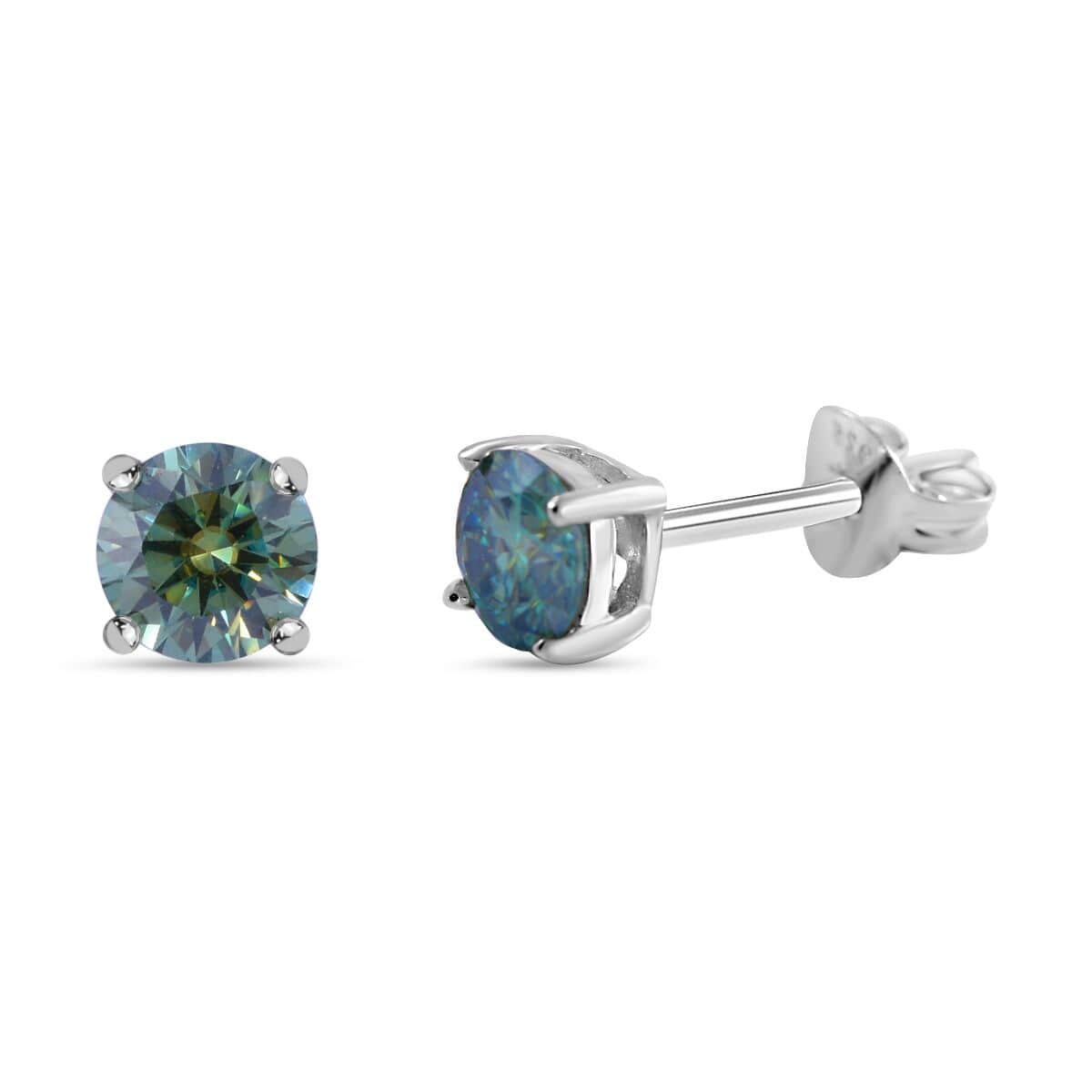 Blue Moissanite (Rnd 6.5mm), Moissanite Floral Ring (Size 5.0) and Stud Earrings in Platinum Over Sterling Silver 2.40 ctw image number 3