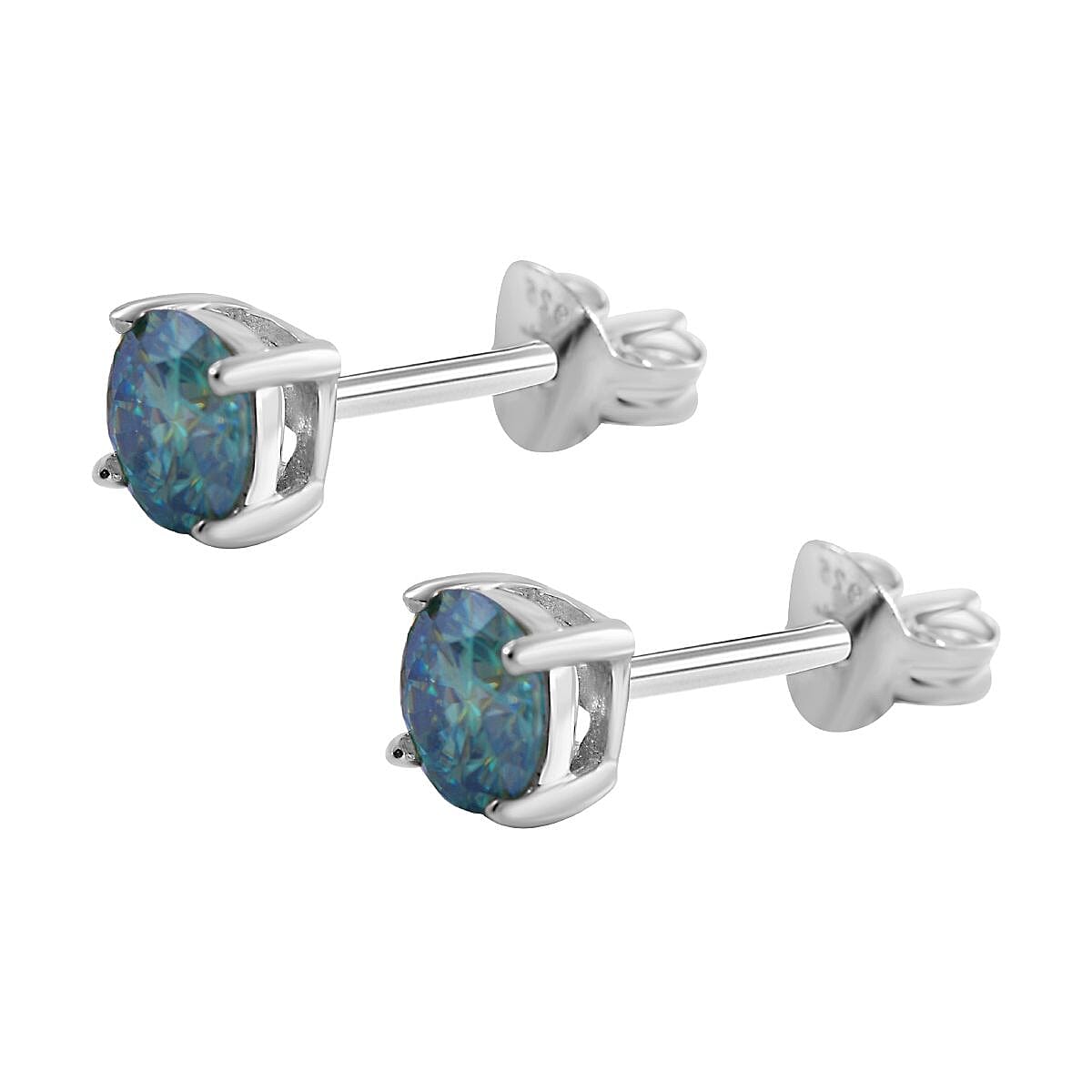 Blue and White Moissanite Floral Ring (Size 5.0) and Stud Earrings in Platinum Over Sterling Silver 2.40 ctw