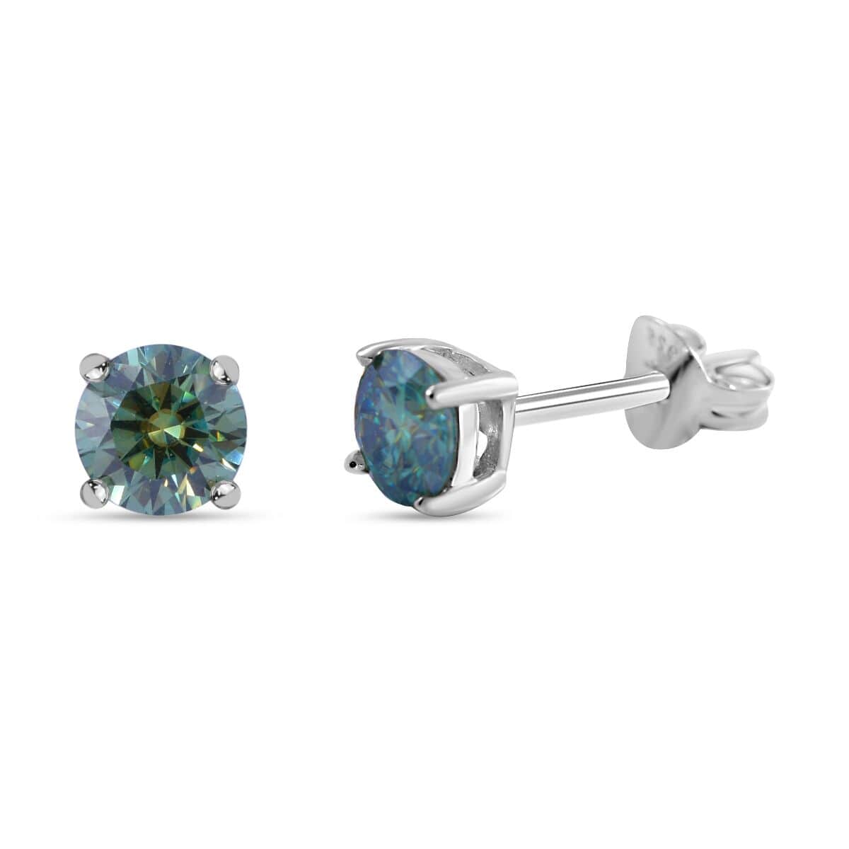 Blue and White Moissanite 2.40 ctw Floral Ring (Size 9.0) and Stud Earrings in Platinum Over Sterling Silver image number 3