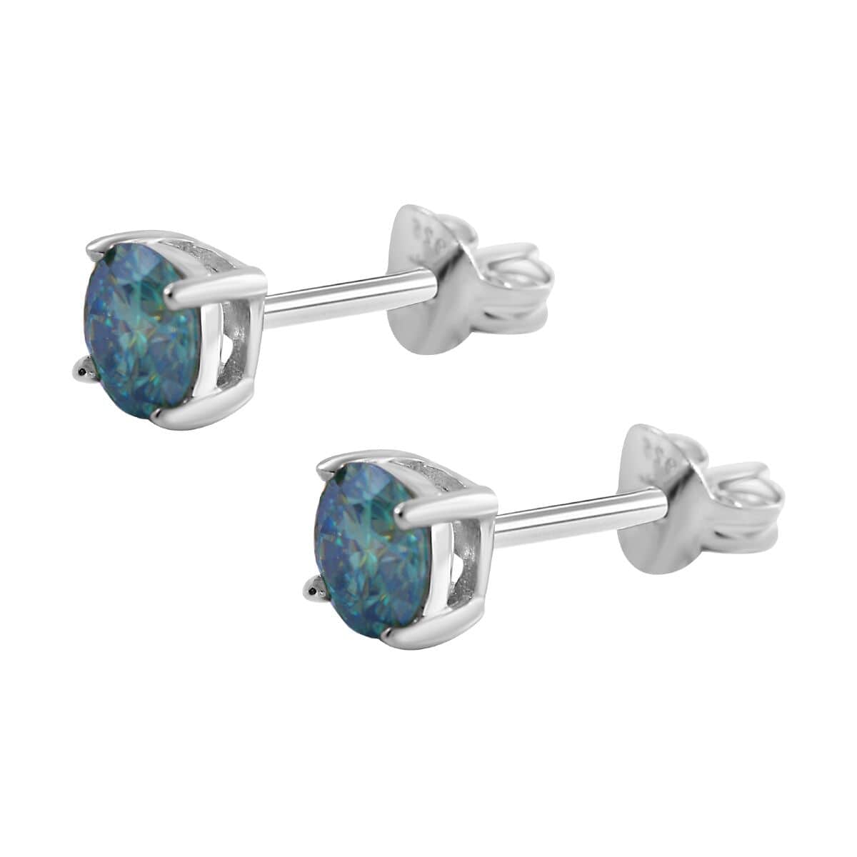 Blue and White Moissanite 2.40 ctw Floral Ring (Size 9.0) and Stud Earrings in Platinum Over Sterling Silver image number 4
