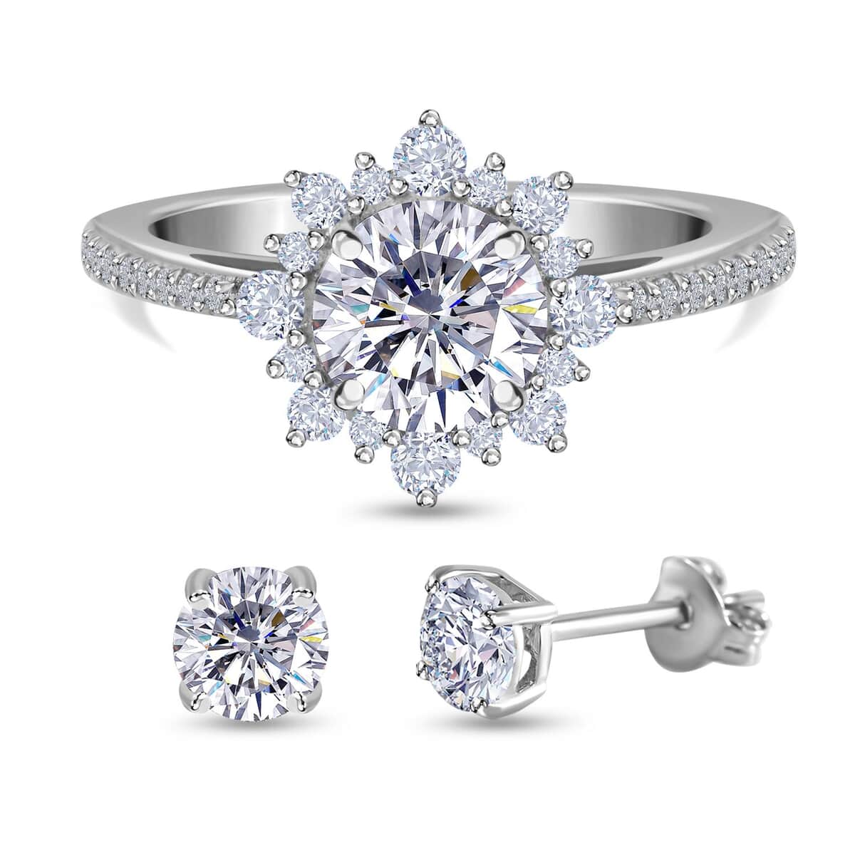 Moissanite 2.40 ctw Floral Ring (Size 9.0) and Stud Earrings in Platinum Over Sterling Silver image number 0