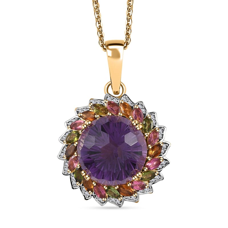 Starburst Cut African Amethyst, Multi-Tourmaline and White Zircon 14.40 ctw Floral Pendant Necklace in Vermeil Yellow Gold Over Sterling Silver 18 Inches