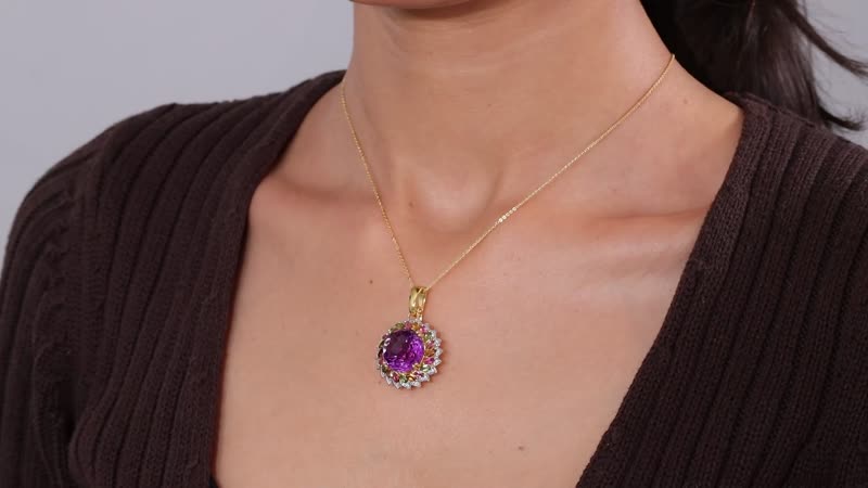 Starburst Cut African Amethyst, Multi-Tourmaline and White Zircon Pendant Necklace 18 Inches in Vermeil Yellow Gold Over Sterling Silver 15.60 ctw