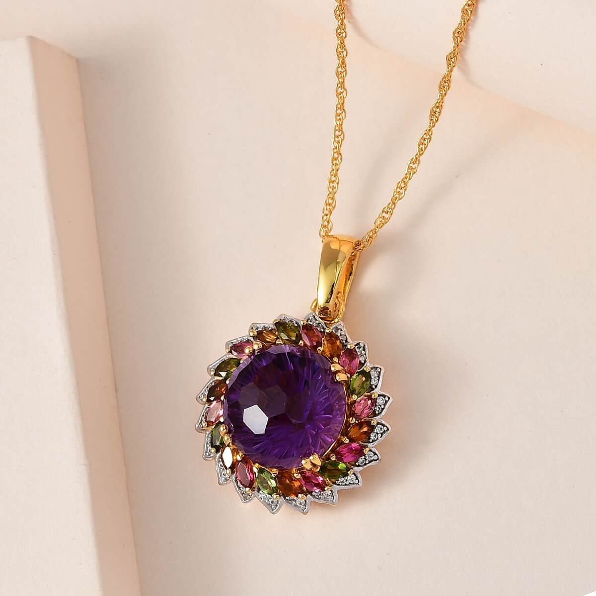 Starburst Cut African Amethyst, Multi-Tourmaline and White Zircon Floral Pendant Necklace 18 Inches in Vermeil Yellow Gold Over Sterling Silver 15.60 ctw image number 1