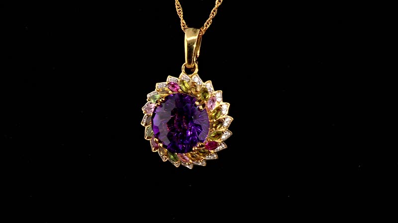 Starburst Cut African Amethyst, Multi-Tourmaline and White Zircon Pendant Necklace 18 Inches in Vermeil Yellow Gold Over Sterling Silver 15.60 ctw