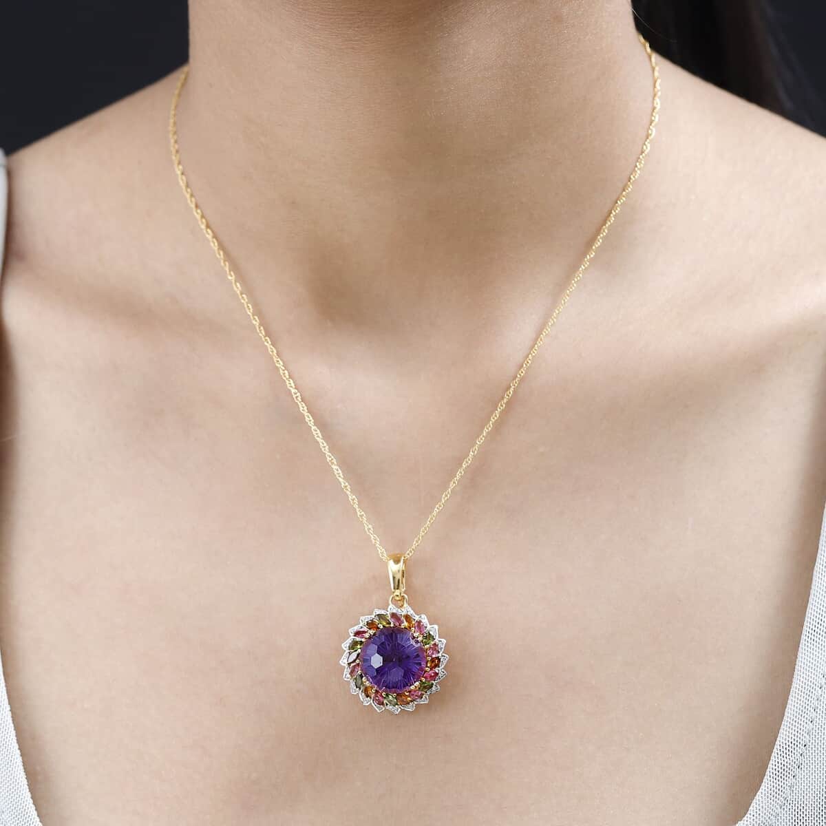 Starburst Cut African Amethyst, Multi-Tourmaline and White Zircon Pendant Necklace 18 Inches in Vermeil Yellow Gold Over Sterling Silver 15.60 ctw image number 2