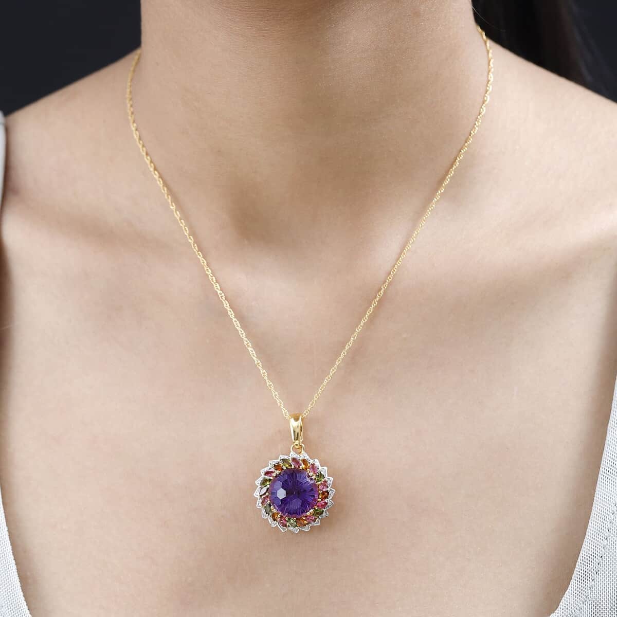 Starburst Cut African Amethyst, Multi-Tourmaline and White Zircon 14.40 ctw Floral Pendant Necklace in Vermeil Yellow Gold Over Sterling Silver 18 Inches image number 2