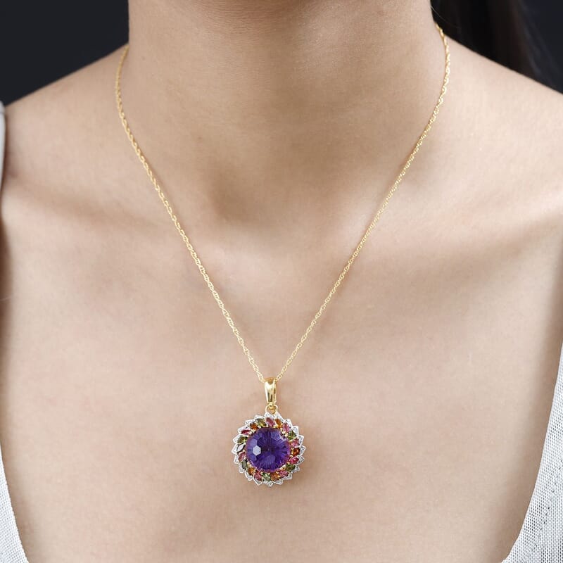 Starburst Cut African Amethyst, Multi-Tourmaline and White Zircon 14.40 ctw Floral Pendant Necklace in Vermeil Yellow Gold Over Sterling Silver 18 Inches