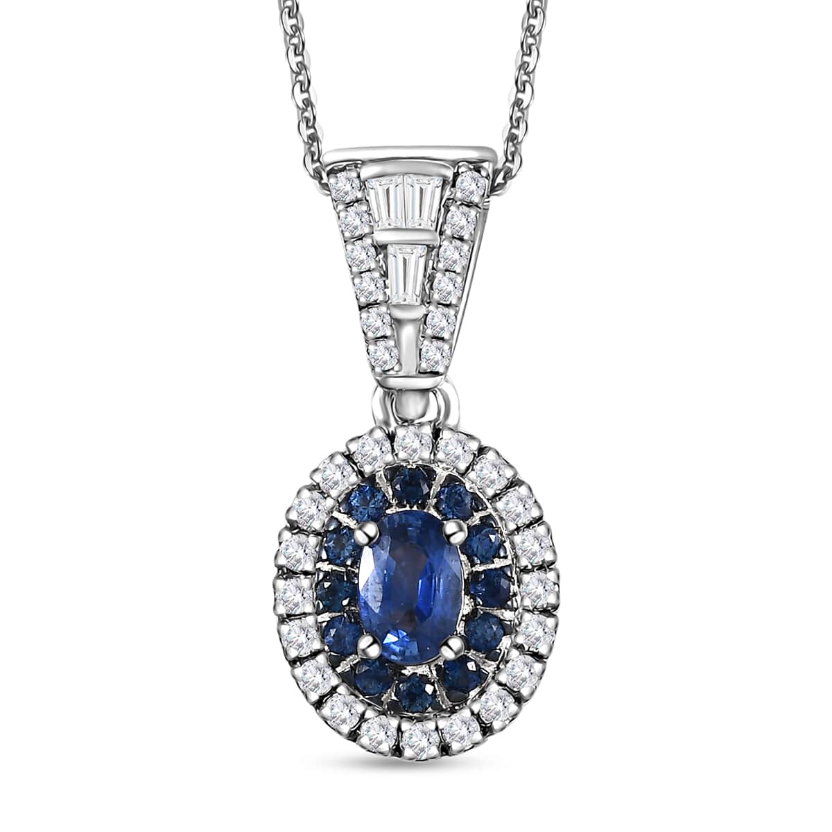 Ceylon Blue Sapphire and Moissanite Cocktail Pendant Necklace 20 Inches in Platinum Over Sterling Silver 1.35 ctw image number 0