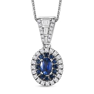 Ceylon Blue Sapphire and Moissanite Cocktail Pendant Necklace 20 Inches in Platinum Over Sterling Silver 1.35 ctw