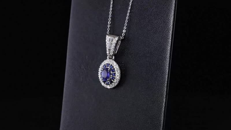 TLV Ceylon Blue Sapphire, Moissanite Halo Pendant Necklace (20 Inches) in Platinum Over Sterling Silver 1.35 ctw